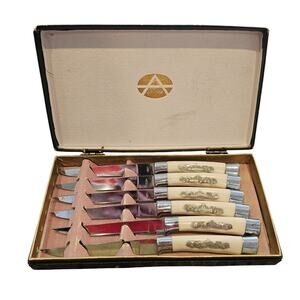 Vintage ARNART Stainless Steel 6-knives Set Enameled Handles In Wood Box/Japan